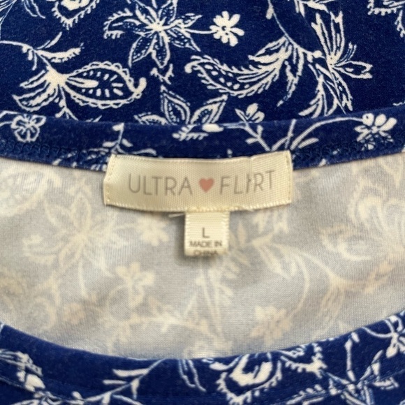 ULTRA FLIRT, WOMENS, NAVY BLUE WITH WHITE PRINT, SLEEVELESS, MINI DRESS. SIZE L - Picture 4 of 5